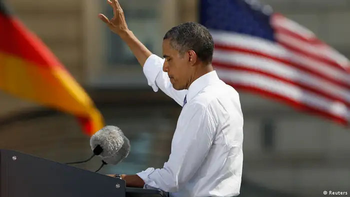 U.S. President Barack Obama gestures as he gives a speech in front of the Brandenburg Gate in Berlin June 19, 2013. Obama's first presidential visit to Berlin comes nearly 50 years to the day after John F. Kennedy landed in a divided Berlin at the height of the Cold War and told encircled westerners in the city Ich bin ein Berliner, a powerful signal that America would stand by them. REUTERS/Wolfgang Rattay (GERMANY - Tags: POLITICS)