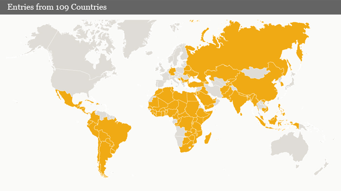 Worldmap showing the 109 countries from where submissions for the German Development Media Awards 2013 came from.
