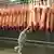 Worker with pig carcasses in slaughterhouse