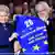 A woman holds the EU and Croatian flags