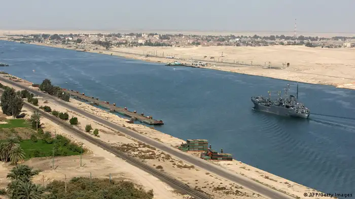 (FILES) -- File picture dated November 24, 2008 shows an Egyptian patrol ship navigating in the Suez Canal between Port Said and Ismailia, about 100 kms northeast of Cairo. Suez Canal revenue and traffic dropped almost 25 percent in February 2009 as the world economic crisis continued to bite, a Canal Authority official said on March 23, 2009. AFP PHOTO/CRIS BOURONCLE (Photo credit should read CRIS BOURONCLE/AFP/Getty Images)