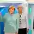 Bundeskanzlerin Angela Merkel drückt beim Festakt zum 150-jährigen Bestehen der Bayer AG in Köln neben der nordrhein-westfälischen Ministerpräsidentin Hannelore Kraft (2.v.r., SPD), dem Vorstandsvorsitzenden von Bayer, Marijn Dekkers (l), und dem Aufsichtsratsvorsitzenden von Bayer, Werner Wenning, in einer Ausstellung einen Knopf (Foto: dpa)