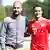 Spain's soccer player Thiago Alcantara (R) and Bayern Munich's head coach Pep Guardiola pose during the official presentation of Bayern Munich's new player at the training area in Munich July 16, 2013. REUTERS/Michaela Rehle (GERMANY - Tags: SPORT SOCCER)