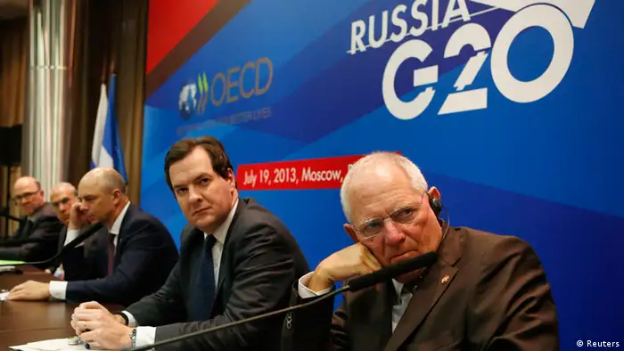(From R-L) Germany's Finance Minister Wolfgang Schaeuble, Britain's Chancellor of the Exchequer George Osborne, Russia's Finance Minister Anton Siluanov, Angel Gurria, secretary-general of the Organisation for Economic Co-operation and Development (OECD), and France's Finance Minister Pierre Moscovici attend a news conference, part of the G20 finance ministers and central bank governors' meeting, in Moscow, July 19, 2013. The world's economic crisis response team will grapple with the prospect of more market volatility on Friday as finance ministers and central bankers gather in Moscow to chart a course towards recovery. REUTERS/Grigory Dukor (RUSSIA - Tags: BUSINESS POLITICS)