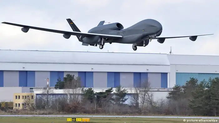 FILE - A handout picture provided by Cassidian, the defence and security division of the EADS group, shows Europe's biggest unmannded aerial vehicle (UAV) or drone, Eurohawk, during the start of its first test flight in Manching, Germany, 11 January 2013. The UAV started its test flight over southern Germany at 10:36 CET and was scheduled to land in the afternoon, announced EADS arms manufacturing company Cassidian. The reconnaissance drone weighs 15 tons and has a 40 m wing span, more than an Airbus A320 passenger jet. The drone is controlled from a ground station in manching. EPA/CASSIDIAN HANDOUT EDITORIAL USE ONLY/NO SALES (zu dpa: Drohnen-Untersuchungsausschuss beginnt Zeugenvernehmung) +++(c) dpa - Bildfunk+++