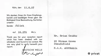 Eine von der DW an Brian Crabbe adressierte QSL Karte von 1956.