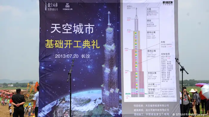 This picture taken on July 20, 2013 shows a poster with the drawings of the 'sky city' building, claimed to be the world highest buidling with a total height of 838 meters, is seen on its groundbreaking ceremony in Changsha, central China's Hunan province. Work on the foundations of an 838-metre skyscraper in China which will be the world's tallest building has started, its constructor said on July 22, adding the tower would be completed by April. CHINA OUT AFP PHOTO (Photo credit should read STR/AFP/Getty Images)