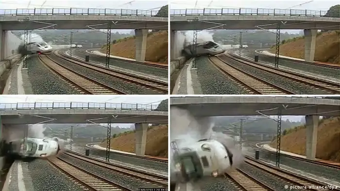 epa03800750 A composite image of CCTV footage made available on 25 July 2013 showing the moment that the train derails outside the north-western Spanish city of Santiago de Compostela. The train was travelling between Madrid and Ferrol when it derrailed while approaching the train station of Santiago de Compostela on 24 July. The death toll in Spain's worst train accident in four decades has risen to 78, with 130 others injured, as investigators focused on whether excessive speed was to blame. EFE/INTERNET EPA/EFE