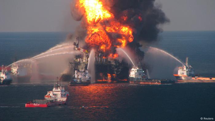 An oil rig on fire 