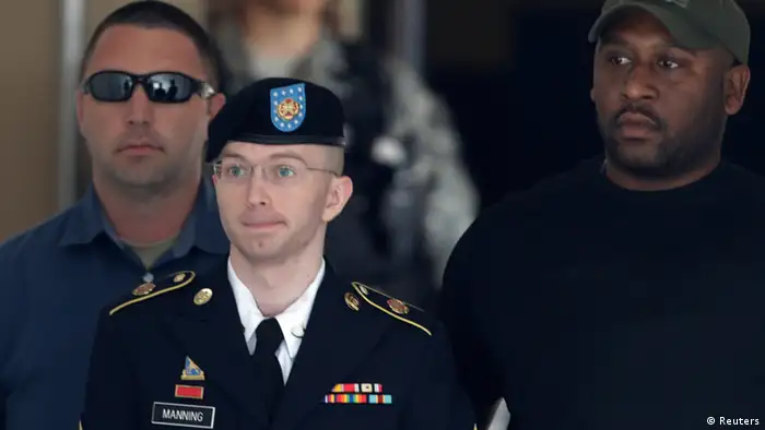 U.S. Army Private First Class Bradley Manning (C) departs the courthouse at Fort Meade, Maryland July 30, 2013. A military judge on Tuesday found Manning not guilty of aiding the enemy - the most serious charge among many he faced for handing over documents to WikiLeaks. But Col. Denise Lind, in her verdict, found Manning, 25, guilty of 19 of the other 20 criminal counts in the biggest breach of classified information in the nation's history. REUTERS/Gary Cameron (UNITED STATES - Tags: CRIME LAW MILITARY POLITICS)