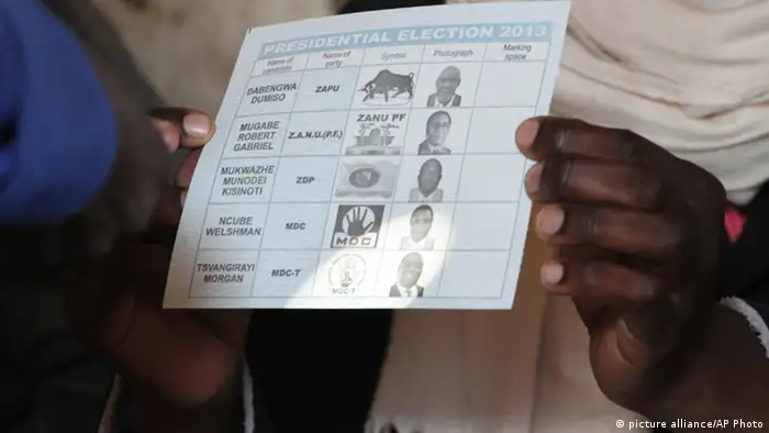 An electoral officer shows a presidential ballot in Zimbabwe 