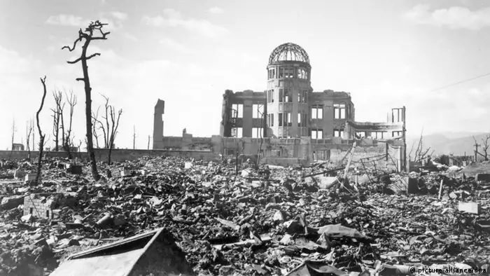 A handout photograph of Hiroshima A-bomb Dome photographed by U.S. military following atomic bomb drop on Hiroshima that killed over 140,000 people on 06 August 1945. The building, originally Hiroshima Prefectural Industrial Promotion Hall, was just160 meters northwest of the hypocenter. The skeletal structure of the dome standing above the cities ruins was a conspicuous landmark and has now became known officially as the A-bomb Dome. 06 August 2005 marks the 60th anniversary of the Hiroshima A-bomb blast. Image courtesy of Hiroshima Peace Memorial Museum. Image courtesy of Hiroshima Peace Memorial Museum. +++(c) dpa - Report+++