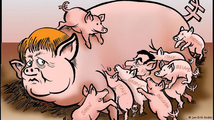 Меркель в виде свиноматки, которая кормит поросят с названиями стран еврозоны на боку