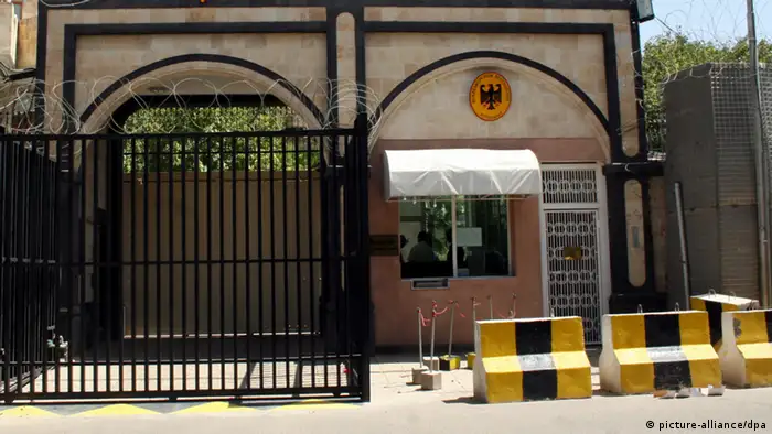 (FILE) A file picture dated on 04 October 2009, shows the main gate of the German Embassy in Sana'a, Yemen. The US and British embassies in the Yemeni capital Sana`a were closed 03 January 2010 amid terrorism threats threats from the regional branch of al-Qaeda, a Yemeni security source said. EPA/YAHYA ARHAB