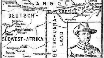 Mapa histórico de la Franja de Caprivi, que documenta una expedición militar de los alemanes en 1908