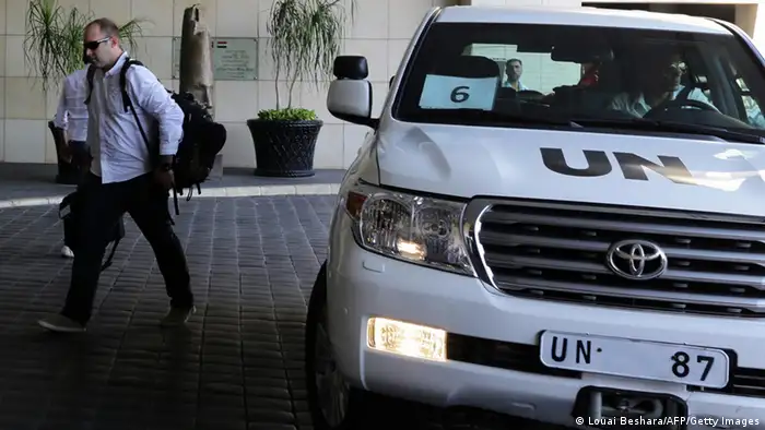 The UN chemical weapons investigation team arrives in Damascus on August 18, 2013. The UN team arrived at a hotel in the Syrian capital to begin their hard-won mission which UN officials have said will last two weeks. AFP PHOTO / LOUAI BESHARA (Photo credit should read LOUAI BESHARA/AFP/Getty Images)