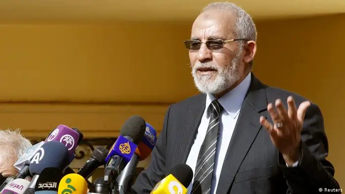 The supreme guide of Egypt's Muslim Brotherhood Mohamed Badie speaks during a news conference at the Brotherhood's main office in Cairo in this December 8, 2012 file photo. Egyptian security forces have arrested the top leader of the Muslim Brotherhood, state media reported on August 20, 2013. Badie was detained at a residential flat in Nasr City in northeast Cairo, the state news agency reported. REUTERS/Amr Abdallah Dalsh/Files (EGYPT - Tags: POLITICS CIVIL UNREST RELIGION)