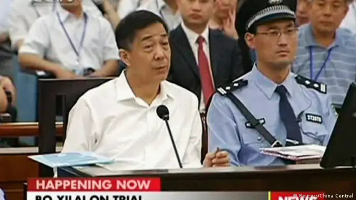 Disgraced Chinese politician Bo Xilai speaks during a court hearing in Jinan, Shandong province August 22, 2013 in this still image taken from video. Bo denied one of the bribery charges against him on Thursday as he appeared in public for the first time in more than a year to face China's most political trial in over three decades. REUTERS/China Central Television (CCTV) via Reuters TV (CHINA - Tags: POLITICS CRIME LAW) ATTENTION EDITORS - THIS IMAGE WAS PROVIDED BY A THIRD PARTY. FOR EDITORIAL USE ONLY. NOT FOR SALE FOR MARKETING OR ADVERTISING CAMPAIGNS. THIS PICTURE IS DISTRIBUTED EXACTLY AS RECEIVED BY REUTERS, AS A SERVICE TO CLIENTS. NO SALES. NO ARCHIVES. CHINA OUT. NO COMMERCIAL OR EDITORIAL SALES IN CHINA