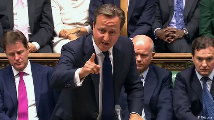 Britain's Prime Minister David Cameron is seen addressing the House of Commons in this still image taken from video in London August 29, 2013. Cameron said on Thursday it was unthinkable that Britain would launch military action against Syria to punish and deter it from chemical weapons use if there was strong opposition at the United Nations Security Council. REUTERS/UK Parliament via Reuters TV (Foto: Reuters) / Eingestellt von wa