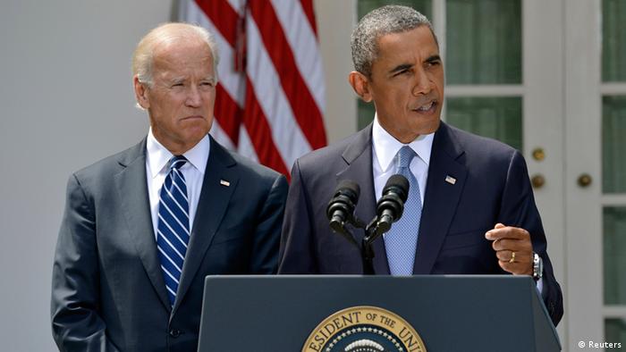 U.S. President Barack Obama speaks next to Vice President Joe Biden (L) at the Rose Garden of the White House August 31, 2013, in Washington. Obama said on Saturday he had decided the United States should strike Syrian government targets in response to a deadly chemical weapons attack, but said he would seek a congressional vote for any military action. REUTERS/Mike Theiler (UNITED STATES - Tags: POLITICS TPX IMAGES OF THE DAY)