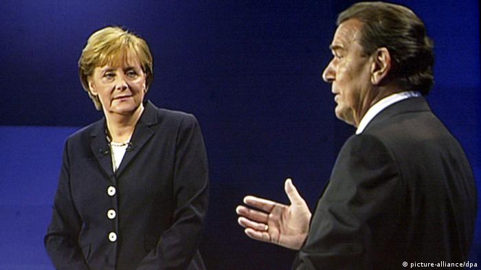 Angela Merkel and Gerhard Schröder during a TV debate in 2005