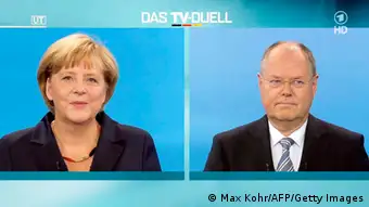 This screenshot made available by public broadcaster ARD shows German Chancellor Angela Merkel (L) and her challenger Peer Steinbrueck of the SPD during a television debate in Berlin on Septeember 1, 2013 ahead of the General election taking place on September 22. AFP PHOTO / POOL / WDR / RTL / MAX KOHR RESTRICTED TO EDITORIAL USE - MANDATORY CREDIT AFP PHOTO / POOL / WDR / RTL MAX KOHR - NO MARKETING NO ADVERTISING CAMPAIGNS - DISTRIBUTED AS A SERVICE TO CLIENTS (Photo credit should read MAX KOHR/AFP/Getty Images)