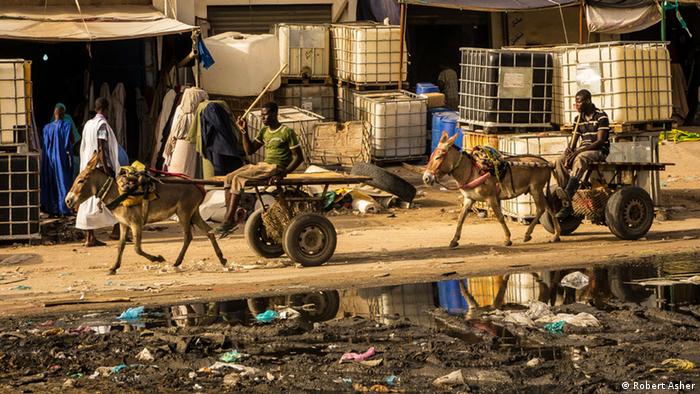 Men ride donkey carriages through a rubbish-filled street