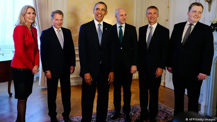 (L-R) Helle Thorning-Schmidt, Prime Minister of Denmark, Sauli Niinisto, President of Finland, US President Barack Obama, Fredrik Reinfeldt, Prime Minister of Sweden, Jens Stoltenberg, Prime Minister of Norway and Sigmundur Davio Gunnlaugsson, Prime Minister of Iceland pose for a group photo ahead of a dinner at Sager House in Stockholm on September 4, 2013. Obama met with Fredrik Reinfeldt upon arrival in Sweden on a two-day official trip before leaving for Russia, where he will attend G20 summit. Russia on Thursday hosts the G20 summit hoping to push forward an agenda to stimulate growth but with world leaders distracted by divisions on the prospect of US-led military action in Syria. AFP PHOTO / JEWEL SAMAD (Photo credit should read JEWEL SAMAD/AFP/Getty Images)