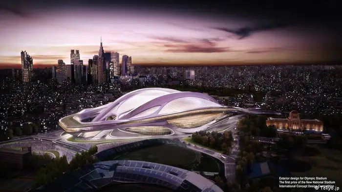 Computer-Modell des neuen Olympiastadions von Tokio mit Architekt Tadao Ando (Grafik: tokyo2020.jp)