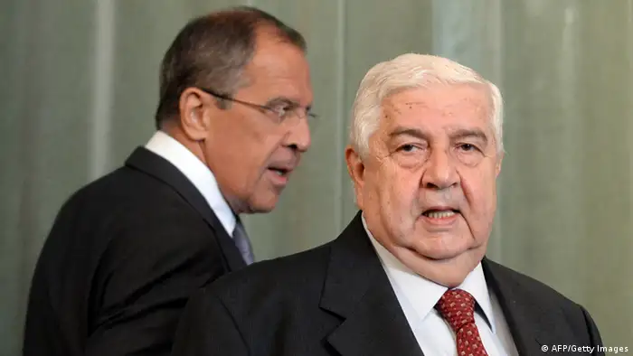 Syrian Foreign Minister Walid Muallem (R) and and his Russian counterpart Sergei Lavrov (L) walk to a press conference on September 9, 2013 following a meeting in Moscow. Muallem visits Russia for talks with the top global ally of Syrian President Bashar al-Assad as expectations grow of military action against the regime. Russia has vehemently opposed US-led strikes against the Assad regime, warning it could destabilize the whole Middle East, and President Vladimir Putin has vowed to help Syria if it was hit. AFP PHOTO / YURI KADOBNOV (Photo credit should read YURI KADOBNOV/AFP/Getty Images)