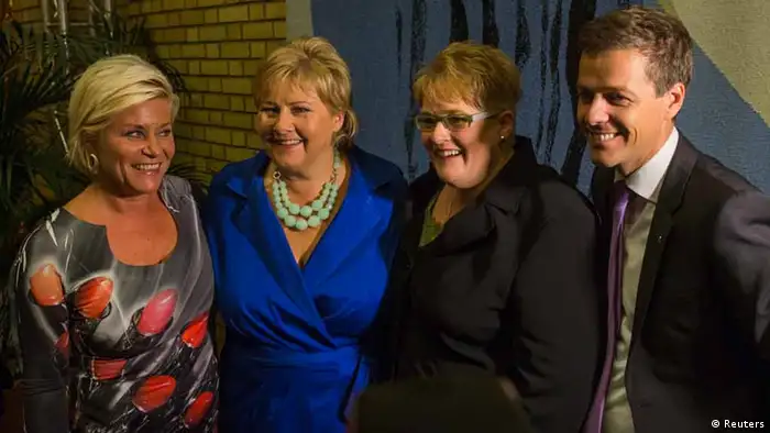 Norway's opposition leaders (L-R) Siv Jensen of the Fremskrittspartiet (Progress party), Erna Solberg of the Hoyre (Conservative party), Trine Skei Grande of the Venstre (Liberal party) and Knut Arild Hareide of the Kristelig Folkeparti (Christian Democratic party) gather inside the Parliament building in Oslo, after the general elections, September 9, 2013. Norway's opposition Conservatives, promising tax cuts and better healthcare, won elections in a landslide on Monday but faced tough coalition talks with a populist party that wants to spend more of the accumulated oil riches and curb immigration. REUTERS/Fredrik Varfjell/NTB Scanpix (NORWAY - Tags: POLITICS ELECTIONS) ATTENTION EDITORS - THIS IMAGE HAS BEEN SUPPLIED BY A THIRD PARTY. IT IS DISTRIBUTED, EXACTLY AS RECEIVED BY REUTERS, AS A SERVICE TO CLIENTS. NORWAY OUT. NO COMMERCIAL OR EDITORIAL SALES IN NORWAY. NO COMMERCIAL USE