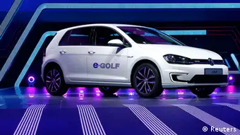 A Volkswagen eGolf car is displayed during a media preview day at the Frankfurt Motor Show (IAA) September 10, 2013. The world's biggest auto show is open to the public September 14 -22. REUTERS/Ralph Orlowski (GERMANY - Tags: BUSINESS TRANSPORT)