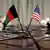 ARLINGTON, VA - APRIL 10: Flags are positioned on a table as Secretary of Defense Leon E. Panetta, and Afghanistan's Minister of National Defense Abdul Rahim Wardak, participate in a bi-lateral meeting at the Pentagon, on April 10, 2012 in Arlington, Virginia. Secretary Panetta and Minister Wardak met to discuss U.S and Afghanistan relations. (Photo by Mark Wilson/Getty Images)