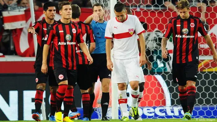 Vedad Ibisevic of Stuttgart shows his disappointment after missing his penalty with the last kick of the match. The goal would have given Stuttgart at 2-1 win over Frankfurt - instead, the hosts had to settle for a 1-1 draw. Photo: dpa