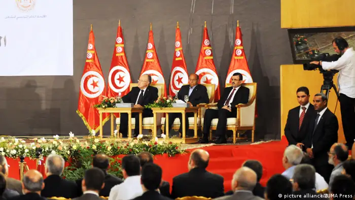 Oct. 5, 2013 - Tunis, Tunisia - The three Presidents, Ali Larayedh (R) Moncef Marzouki (C) and Mustapha Ben Jaafer (L) at the opening of the national dialogue, organized by the General Union of Tunisian Workers (UGTT) Saturday, October 5, 2013 at the Palais des Congres Tunis