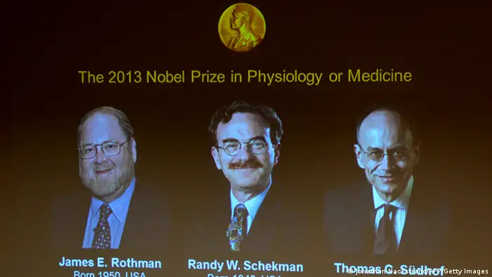 A screen displays photos and the names of James E Rothman from the US, Randy W Schekman from the US and Thomas C Suedhof from Germany, all joined winners of the Medicine Nobel Prize, at a press conference to announce the laureates the 2013 Nobel Prize in Physiology or Medicine on October 7, 2013 at the Nobel Assembly at the Karolinska Institute in Stockholm. AFP PHOTO / JONATHAN NACKSTRAND (Photo credit should read JONATHAN NACKSTRAND/AFP/Getty Images)