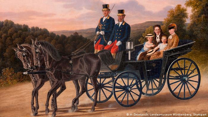 Вюртембергская королева Ольга с Верой и ее дочерями Ольгой и Эльзой на прогулке. Картина Юстуса Фляйшхауэра, 1862 г.