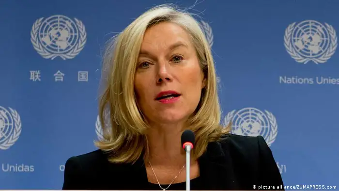 NEW YORK, Oct. 16, 2013 Sigrid Kaag, the newly appointed Special Coordinator of the Organization for the Prohibition of Chemical Weapons (OPCW)-United Nations Joint Mission, speaks during a press briefing at the UN headquarters in New York, on Oct. 16, 2013. UN Secretary-General Ban Ki-moon announced here Wednesday the appointment of Sigrid Kaag of the Netherlands to eliminate Syria's chemical weapons program.(Xinhua/Niu Xiaolei