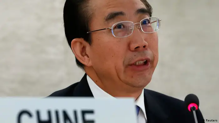 Wu Hailong, special envoy of China's foreign ministry, addresses the Human Rights Council Universal Periodic Review session at the European headquarters of the United Nations in Geneva October 22, 2013. The 17th session of the Human Rights Council's Universal Periodic Review (UPR) Working Group will be held in Geneva from October 21 to November 1, during which 15 states are scheduled to have their human rights records examined under this mechanism. REUTERS/Denis Balibouse (SWITZERLAND - Tags: POLITICS)