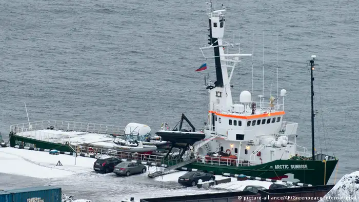 In this photo released by Greenpeace International and made Sunday, Oct. 20, 2013, The Greenpeace ship Arctic Sunrise is docked in the port of Murmansk, Russia. The Arctic Sunrise was seized nearly four weeks ago by Russian security forces after some activists tried to scale an offshore oil platform. Russian investigators charged the entire 30-member crew of the Greenpeace ship with piracy for a protest at a Russian oil platform in the Arctic. (AP Photo/Greenpeace International, Dmitri Sharomov) PHOTO PROVIDED BY GREENPEACE INTERNATIONAL. AP PROVIDES ACCESS TO THIS HANDOUT PHOTO TO BE USED SOLELY TO ILLUSTRATE NEWS REPORTING OR COMMENTARY ON THE FACTS OR EVENTS DEPICTED IN THIS IMAGE. PHOTO MADE FRIDAY, OCT. 18, 2013