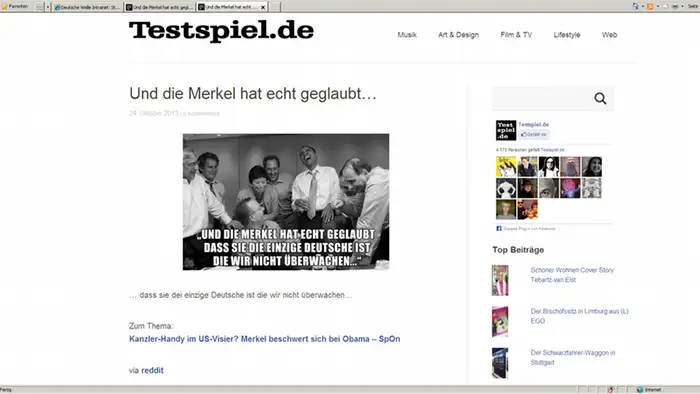 Screenshot vom Blog Testspiel, Reaktion auf Handy Abhöraffäre, Angela Merkel. Quelle: http://www.testspiel.de/und-die-merkel-hat-echt-geglaubt/269305/ ***Achtung: Verwendung nur in Zusammenhang mit der Berichterstattung über diese Blog-Seite!***