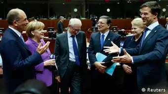 (From L to R) Italy's Prime Minister Enrico Letta, Germany's Chancellor Angela Merkel, European Council President Herman Van Rompuy, European Commission President Jose Manuel Barroso, Lithuania's President Dalia Grybauskaite and Netherlands' Prime Minister Mark Rutte attend an European Union leaders summit in Brussels October 25, 2013. German Chancellor Merkel demanded on Thursday that the United States strike a no-spying agreement with Berlin and Paris by the end of the year, saying alleged espionage against two of Washington's closest EU allies had to be stopped. REUTERS/Francois Lenoir (BELGIUM - Tags: POLITICS)