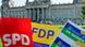 Banners for SPD, FDP and Greens together, symbolizing a coalition Banners for SPD, FDP and Greens together, symbolizing a coalition