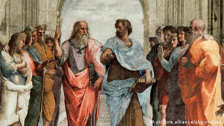 افلاطون و ارسطو، نقاشی دیواری اثر رافائل. در حالی‌که افلاطون با انگشت آسمان را نشان می‌دهدارسطو با دست به زمین اشاره می‌کند