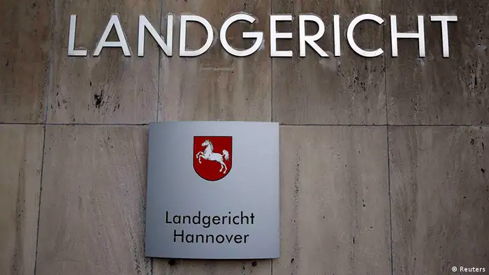 The picture shows the sign of the Hanover regional court where Former German President Christian Wulff goes on trial November 14, 2013, on charges of receiving favours. Wulff, who served just 20 months as president and was the man once tipped as a successor to Chancellor Angela Merkel, stood down in April 2012, when prosecutors asked parliament to lift his immunity, saying they suspected he had accepted undue privileges. Wulff rejects the charges and in April this year spurned an offer to settle the case with an out-of-court payment. REUTERS/Kai Pfaffenbach (GERMANY - Tags: POLITICS CRIME LAW)