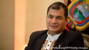 Ecuador President Rafael Correa poses during an interview in an hotel on November 7, 2013 in Paris. AFP PHOTO/ ERIC FEFERBERG (Photo credit should read ERIC FEFERBERG/AFP/Getty Images)