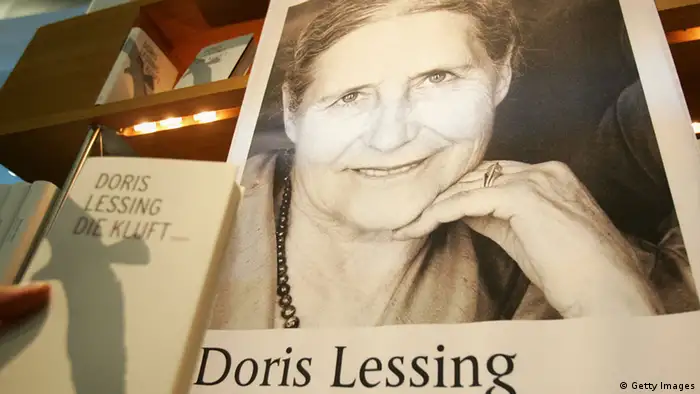 FRANKFURT, GERMANY - OCTOBER 11: A poster, showing British writer and 2007 Nobel Prize in literature winner Doris Lessing at the Frankfurt Book Fair October 11, 2007 in Frankfurt, Germany. Around 280,000 visitors are expected at Frankfurt book fair that runs until October 14, the world's largest event of it's type and this year's guest of honour is Catalan culture. (Photo by Ralph Orlowski/Getty Images)