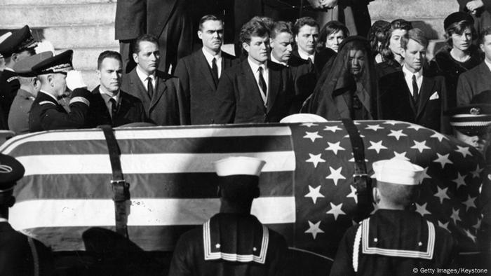 The flag-draped coffin of John F. Kennedy