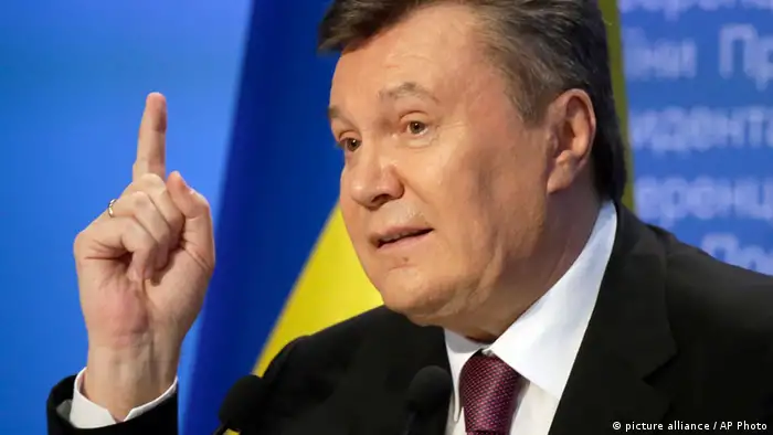 Ukrainian President Viktor Yanukovych speaks during a press conference in Kiev, Ukraine, Friday,March, 1, 2013. Yanukovych has hinted that he may free from prison an opposition leader Yuri Lutsenko. Yanukovych spoke days after European Union gave Kiev until May to demonstrate its commitment to democracy and solved the cases of Tymoshenko and former Ukrainian Interior Minister Yuri Lutsenko. (AP Photo/Efrem Lukatsky)
