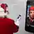 Санта-Клаус с мобильным телефоном рядом с рекламным плакатом смартфона